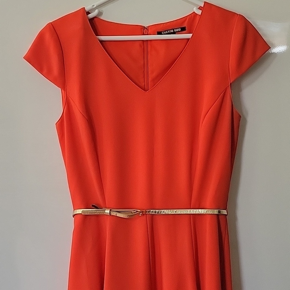 Gianni Bini Orange Fit & Flare Dress Gold Belt Cap Sleeve Size 6 - Picture 9 of 16
